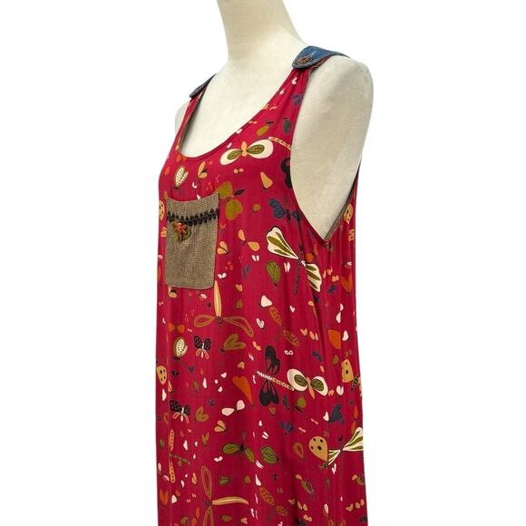 Vtg F. L. Malik Red Crepe Butterfly Dragonfly Novelty Print Maxi Jumper Dress - Picture 5 of 11